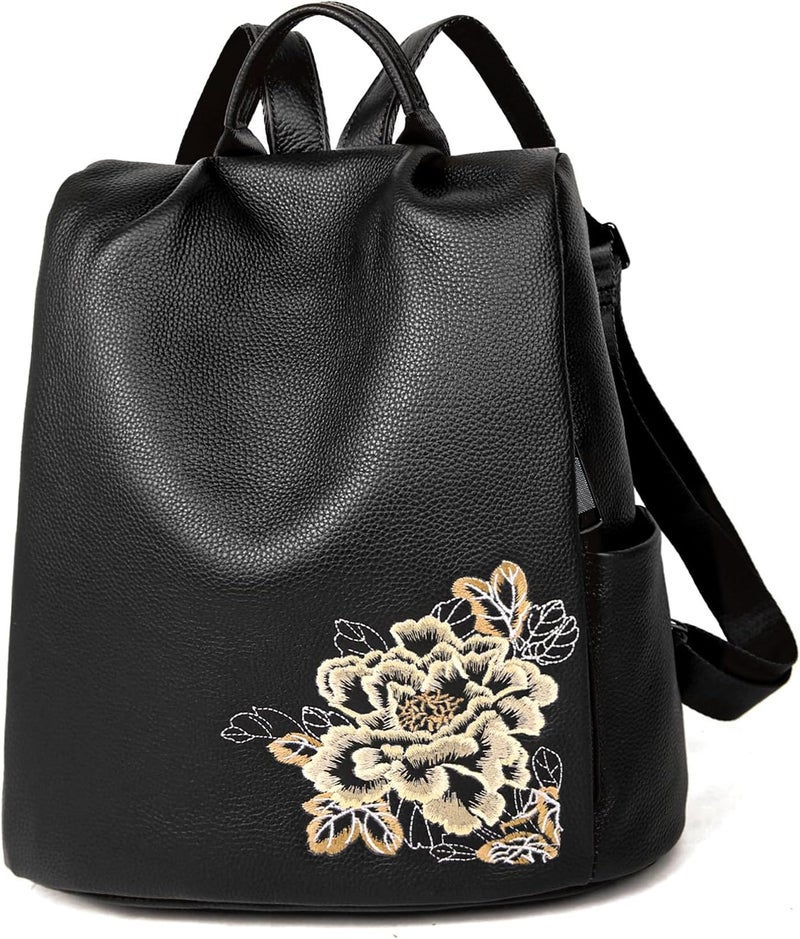 BOYATU Genuine Leather Backpack for Women: Elegant Floral Designer Purse - Small Shoulder Bag for Travel (Black) - Image 1
